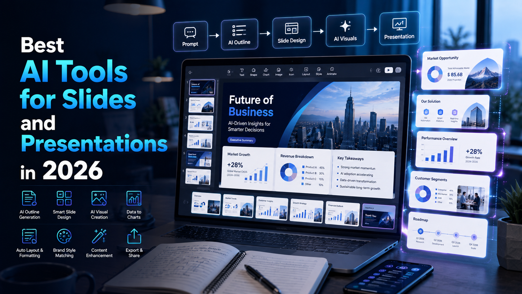 Best AI Tools for Slides and Presentations in 2026 showing an AI presentation editor generating professional slides, charts, visuals, and presentation layouts.